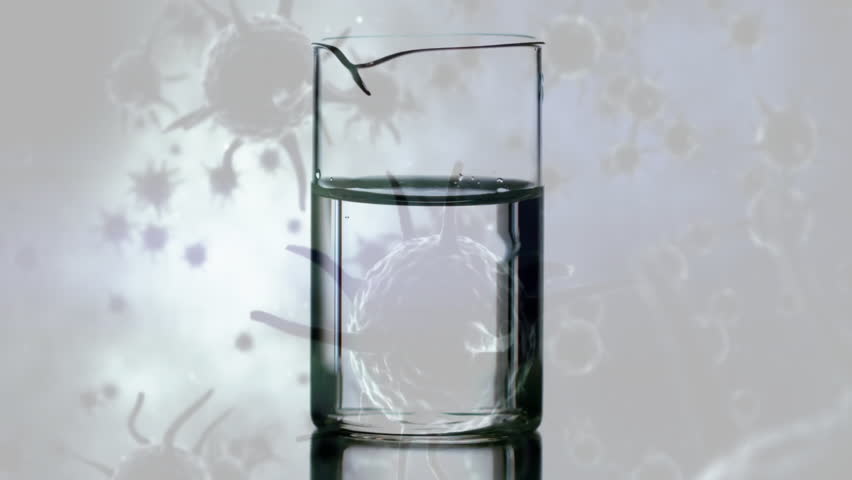 Animation of liquid in beaker over virus cells. Global science, medicine and digital interface concept digitally generated video.