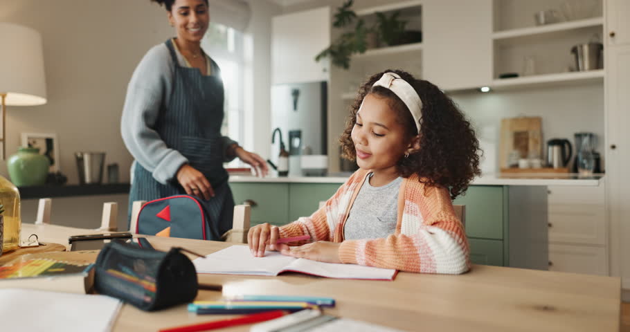 Mom, girl and excited with high five for homework with book to study or read for knowledge, education and learning. Parent, kid and school project with support, care and help for child development