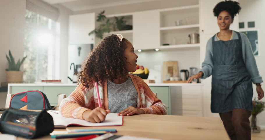 Mom, girl and smile with high five for homework with book to study or read for knowledge, education and learning. Parent, kid and school project with support, care and help for child development