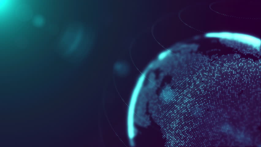 Futuristic Blue Violet Shiny Partial View Of Dotted Globe Earth World Map Rotating In The Bottom Right Corner With Bokeh Light Flare Background, Seamless Loop