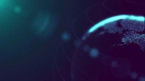Futuristic Blue Violet Shiny Partial View Of Dotted Globe Earth World Map Rotating In The Bottom Right Corner With Bokeh Light Flare Background, Seamless Loop - Powered by Shutterstock - Get 15% off with code: PIKWIZARD15