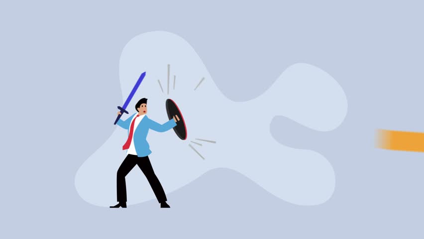Businessman holding shield and sword cartoon animation