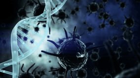 Animation of dna strand over virus cells on black background. Global pandemic, healthcare, science and digital interface concept digitally generated video. - Powered by Shutterstock - Get 15% off with code: PIKWIZARD15