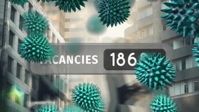 Animation of virus cells and vacancies number over people walking and cityscape. Global pandemic, healthcare, science and digital interface concept digitally generated video. - Powered by Shutterstock - Get 15% off with code: PIKWIZARD15