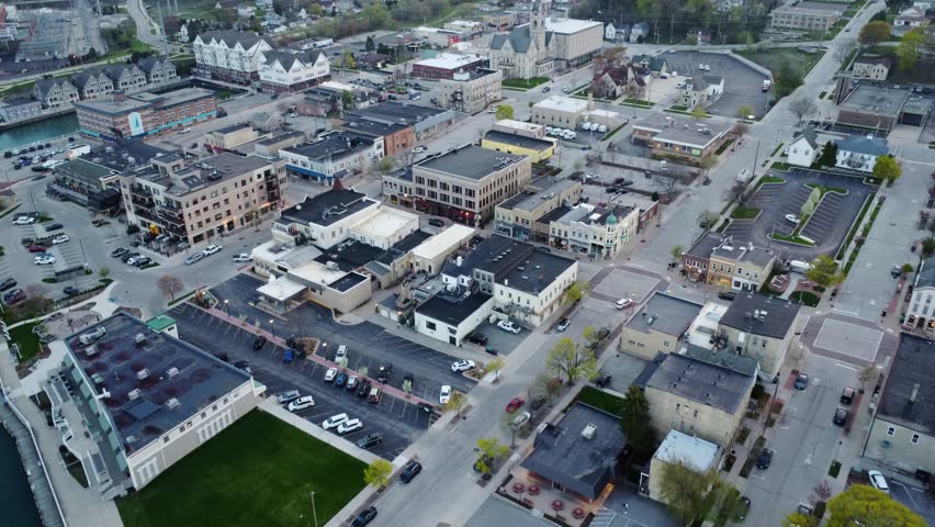 Downtown Port Washington, Wisconsin; Aerial Flyover Approaching St. Mary