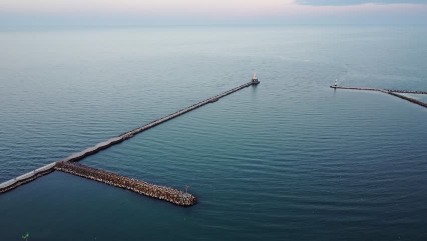 Port Washington Breakwater Light Is A Historic Landmark Overlooking The Lake Michigan Harbor In The City Of Wisconsin.