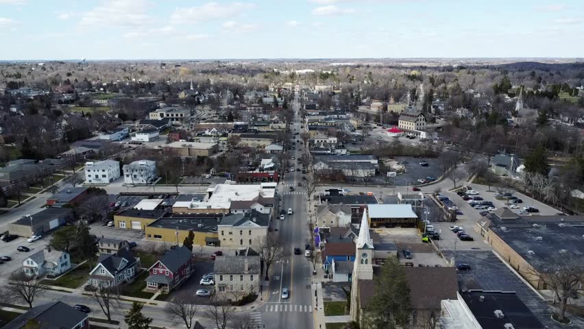 High Aerial Flyover Downtown Cedarburg, Wisconsin (Street View).
