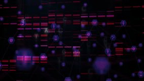 Animation of icons over moving columns on black background. Global technology, computing and digital interface concept digitally generated video. - Powered by Shutterstock - Get 15% off with code: PIKWIZARD15