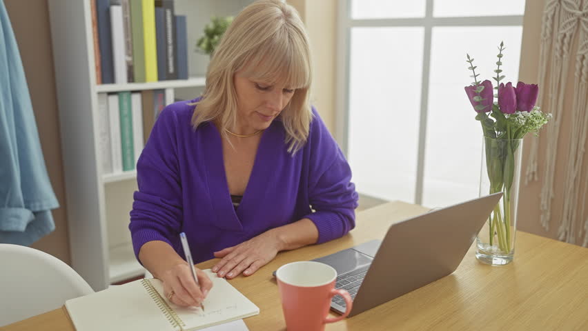 Mature blonde woman writing in notebook by laptop and coffee at home Royalty-Free Stock Footage #3502679547