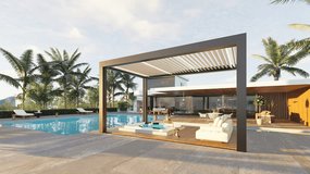 3D illustration of luxurious decor house with huge swimming pool and biocimlatic pergola. Side view horizontal push shot of villa with palm trees and whirlpool. - Powered by Shutterstock - Get 15% off with code: PIKWIZARD15