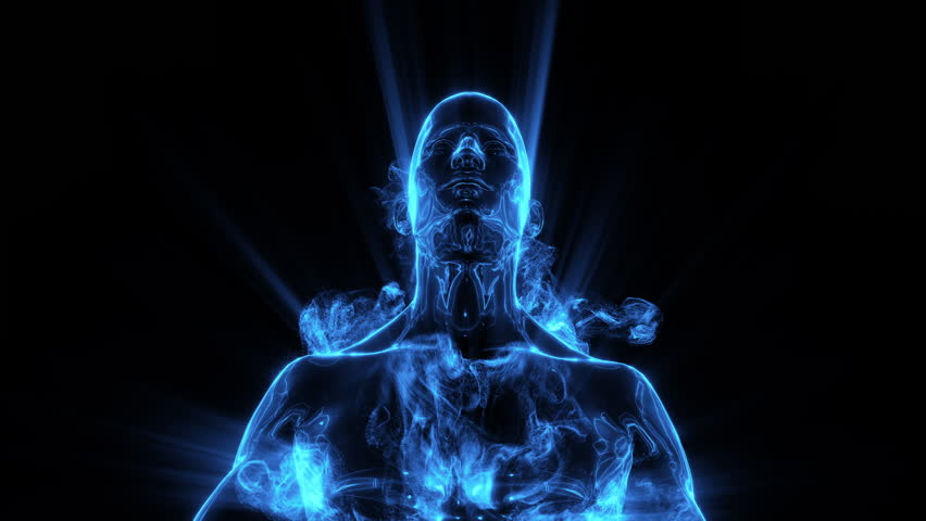 A human character meditating where we see the energetic fields of the body represented in pulsating lines and shimmering colour.