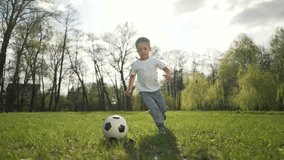Kid playing ball in park. Boy kicks soccer ball on grass. Happy kid dream concept. Child playing ball outdoors. Young athlete training in park. Active kid play ball on grass. Kid park fun outdoors - Powered by Shutterstock - Get 15% off with code: PIKWIZARD15