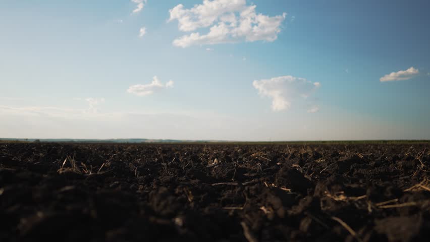 Close-up photo of black field against the sky. field with black soil.soil is prepared for sowing crops. environmentally friendly plantation. image of rich soil. concept of agriculture and rich harvest Royalty-Free Stock Footage #3502808487
