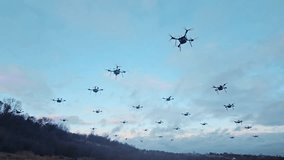 Swarm of Drones Flying at Dusk. A group of drones hovering in the sky at dusk, showcasing advanced aerial technology. - Powered by Shutterstock - Get 15% off with code: PIKWIZARD15