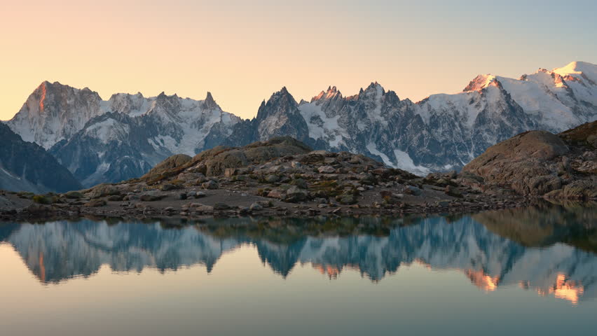 Majestic landscape of Lac Blanc with Mont Blanc massif reflect on the lake among French Alps in the morning at Chamonix Mont Blanc, Haute Savoie, France