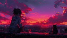 The girl is looking at the city at night with a cat. Lo-fi style. Continuous loop	 - Powered by Shutterstock - Get 15% off with code: PIKWIZARD15