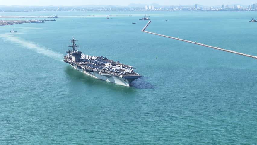 Nuclear Navy ship, Military navy ship carrier full loading fighter jet aircraft for prepare troops. nuclear carrier running in the ocean