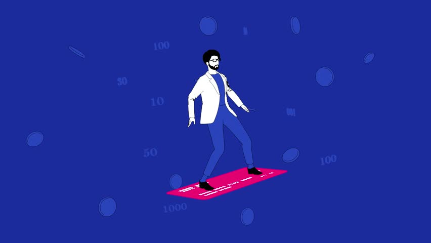 A male shopper climbs on a credit card and floats on air gets wins and discounts.