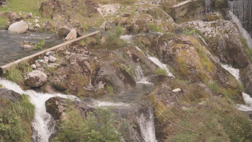 Orrido di Nesso Waterfall Near Village In Como Lake, Lombardy, Italy. High Angle Shot