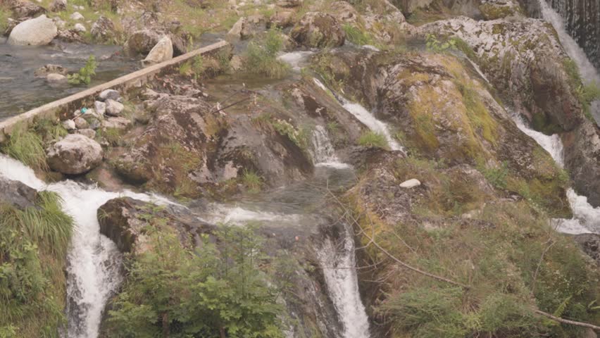 Orrido di Nesso Waterfall Near Village In Como Lake, Lombardy, Italy. High Angle Shot