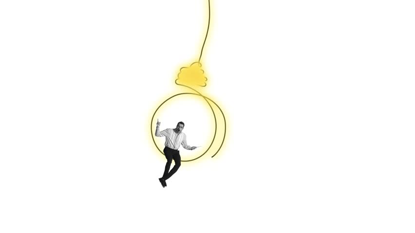 Businessman sitting on lightbulb symbolizing creative ideas for company growth, development of startups and innovative thinking. Stop motion, animation. Single line drawing. Business, success concept