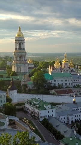 Aerial view of the Kiev Pechersk Lavra and Great Lavra Bell Tower, Ukraine. Vertical video.
