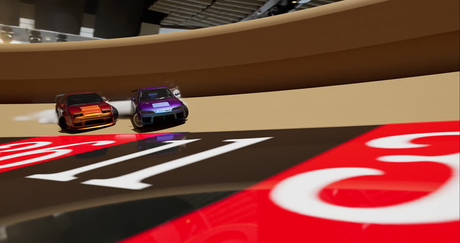 Two sports cars with tire smoke drift along the roulette wheel in a casino. 3D animation of the concept of entertainment and success. Camera movement like a fpv drone