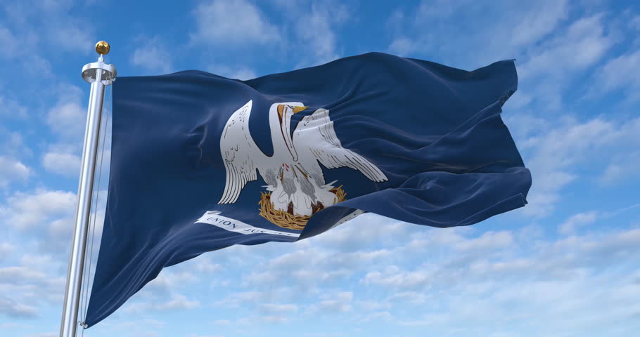Louisiana flag with flagpole waving in wind, rolling clouds background looping, 4K video (Perfect Loop)