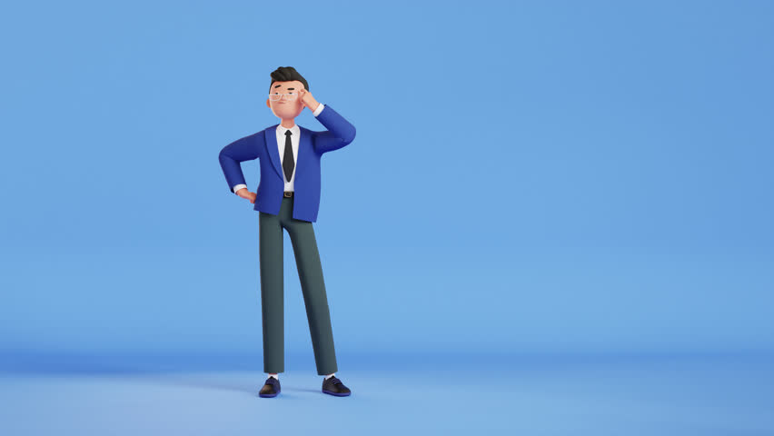 Man thinking and looking for answer, 3d render. Shrugs his shoulders. uncertainty, question, no solution concept. Character animation. hopelessness, despair. puzzled, confused person motion design