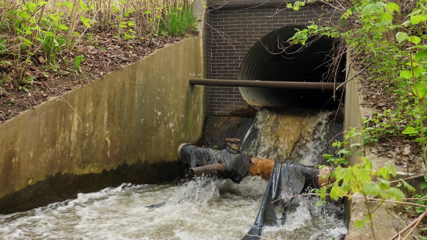 Dirty water flow from pipe. Water discharge. Ecology and environment pollution concept. Outdoors