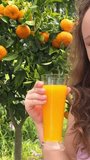a teenage girl stands with a glass of orange juice on the background of a citrus tree tangerines or oranges hang on a tree. She smiles and looks into the frame can be used to advertise juices.
