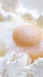 in white plate close-up cottage cheese egg sugar female hands knead egg with fork piercing yolk mixing with cottage cheese stuffing for cheesecake 