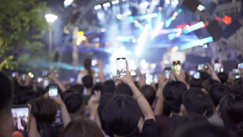 Silhouettes of crowd, group of people, cheering in live music concert in front of colorful stage lights.