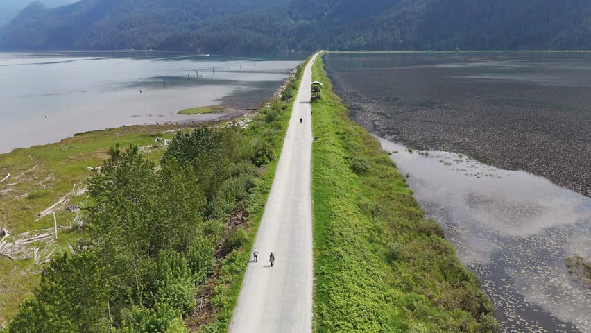Aerial drone view of Grant Narrows Regional Park during a spring season in Pitt Meadows, British Columbia, Canada (boom down, tilt up)
