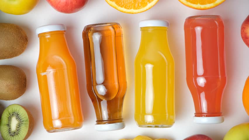 Assortment of fruit juices in glass bottles among fruits on white background top view