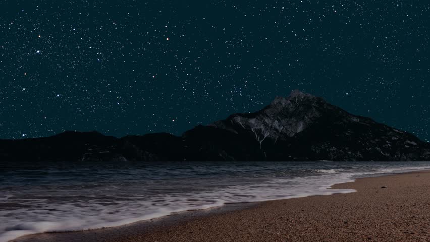 a a movement of stars in the night sky with the view of mountains.	