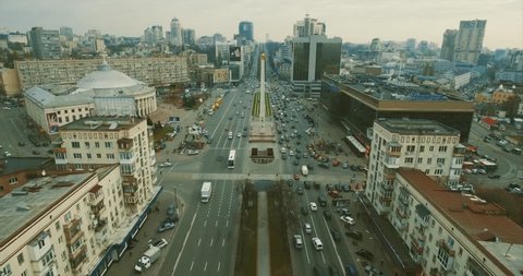 aerial survey. High traffic on the streets of the big city of Kiev, Ukraine. 10. SEPTEMBER 2017. during the hour of peak traffic. Aerial view over crossed roads and grade-crossing elimination structur