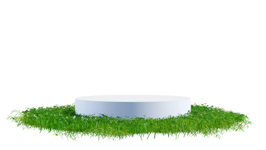 Round exhibition stand, podium or pedestal on surface patch covered with green grass rotated on white background. Realistic natural element for presentation. 3d animation with alpha matte channel.