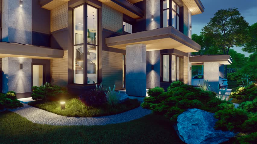 4K video rendering of modern two story house with gray and wood accents, large windows for sale or rent in luxurious style and beautiful landscaping on background. Starlight Night