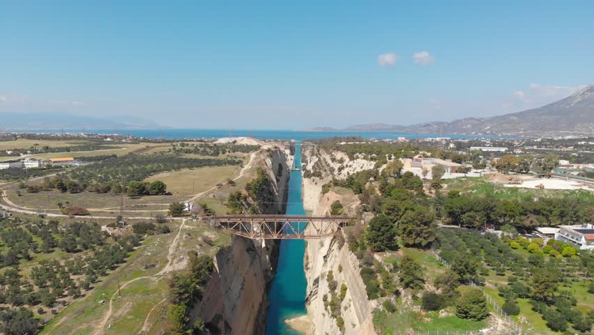 Panorama Of Deep Manmade Corinth Canal Separating The Peloponnese And Mainland Greece.  Royalty-Free Stock Footage #3503580625