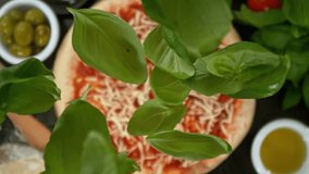Super Slow Motion of Falling Basil Leaves on Pizza Dough. Filmed on High Speed Cinema Camera, 1000fps, Placed on High Speed Cine Bot. Camera in Motion, Following Objects. - Powered by Shutterstock - Get 15% off with code: PIKWIZARD15