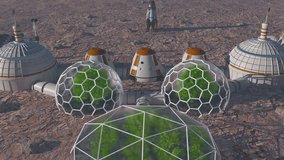 Base on mars, aerial view. Green plants in greenhouses. A man astronaut returns to his family on mars. Colony base on mars. Futuristic colonization and space exploration concept. 3d RENDERING. - Powered by Shutterstock - Get 15% off with code: PIKWIZARD15