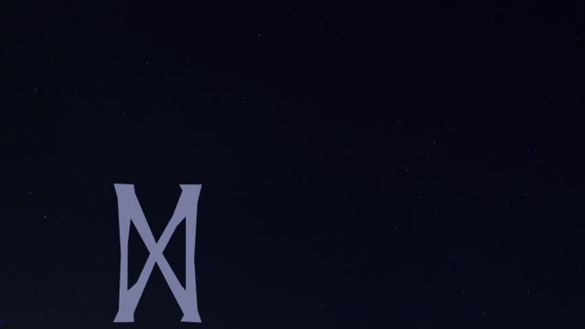 video of a Star trail in the background, 
with in the foreground the image of a rune 
moving towards the polar star of the same star trail, 
the rune in this clip is Dagaz