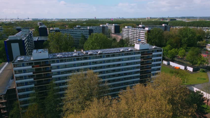 Molenwijk highrise apartment buidlings drone over Amsterdam Noord residential area