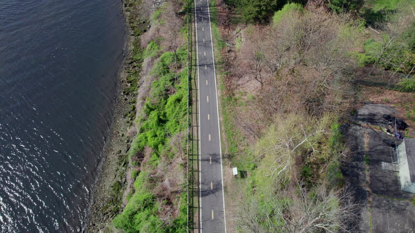 Aerial view of a road on the banks of the Providence River. Rhode Island.