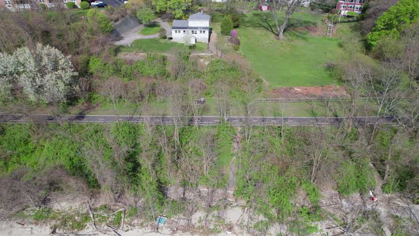 Birds eye view along the waterside road of the Providence river. Rhode Island.