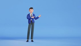 Happy businessman, 3d character stands pointing to the side. copy space for text. showing direction. modern cartoon style animation. template for ads or banner, business clipart - Powered by Shutterstock - Get 15% off with code: PIKWIZARD15