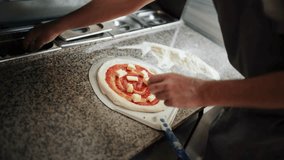 Pizza Topping Mastery: 4K Top-View Chef Adding Ham and Cheese to Dough