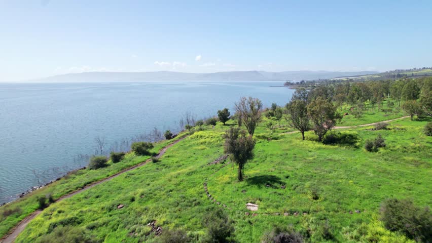 Drone shot of the Sea of Galilee shoreline