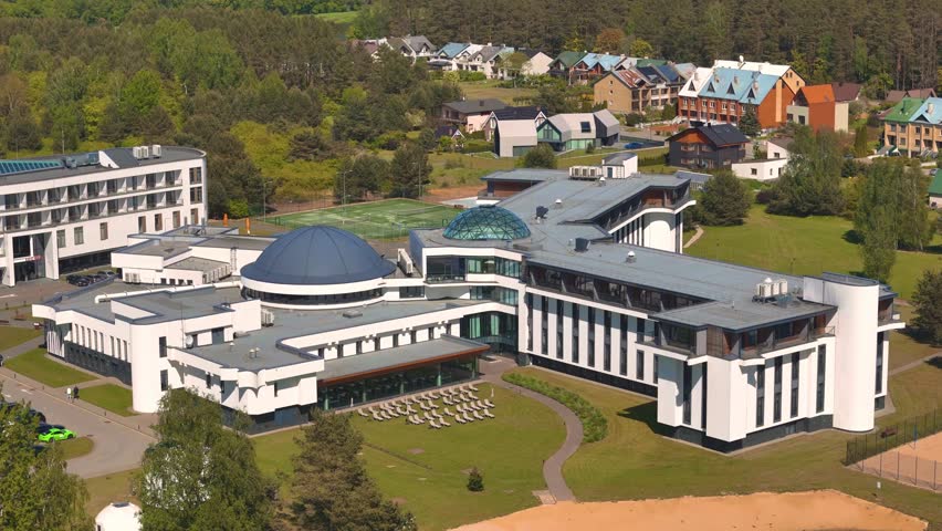 Aerial 4K video drone footage of Birstonas city which is located on the shore of Nemunas river in Lithuania. Small SPA resort with natural mineral waters.